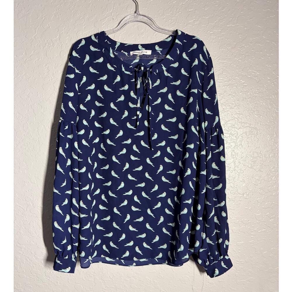 Rose + Olive Blue Parakeet Print Balloon Sleeve Blouse XL Dressy Career Boho